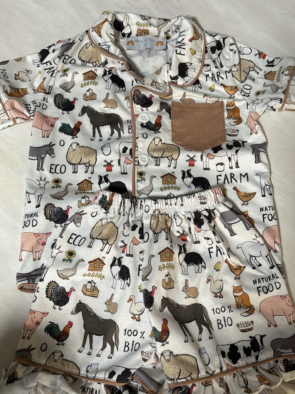 Kids Farm Animal Pajama Set - White with Brown Pocket